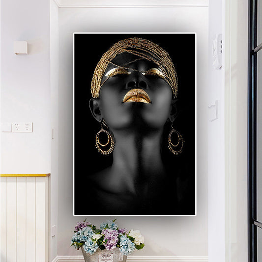 Decorative Painting Of Modern Style African Women Golden Earrings Lips